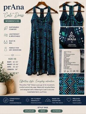 PrAna Cali Midi Dress | Size XS | Racerback | Built In Bra | Excellent Condition